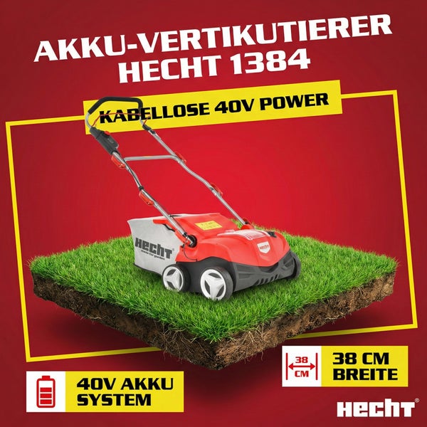 Hecht 1384 Akku Vertikutierer mit 40 Volt Akkusystem und 38 Zentimeter Arbeitsbreite
