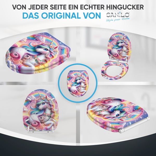 Sanilo WC Sitz mit Einhorn Motiv in verschiedenen Ansichten für Badezimmer.