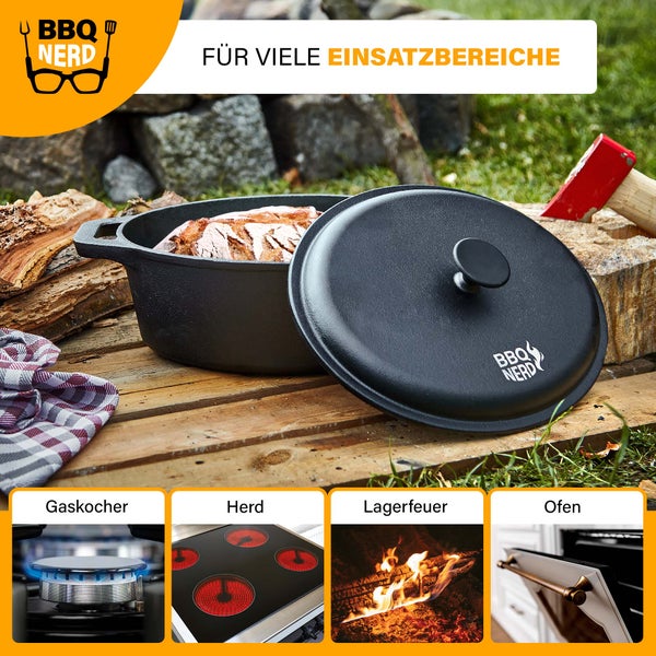 BBQ-Nerd Bräter mit Deckel (oval, 33x26 cm) aus Gusseisen 6,4 L | Bratentopf Kochtopf Gusseisentopf Schmortopf | Cocotte zum langsamen Garen - Herd, Ofen & Grill