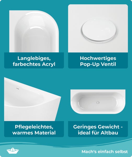 Calmwaters Vorwand-Badewanne 180x80 cm Komplettset Seamless Comfort, fugenloses Design, vormontiert mit Schürze & Ablaufgarnitur, Made in EU, Acryl, 02SL6220