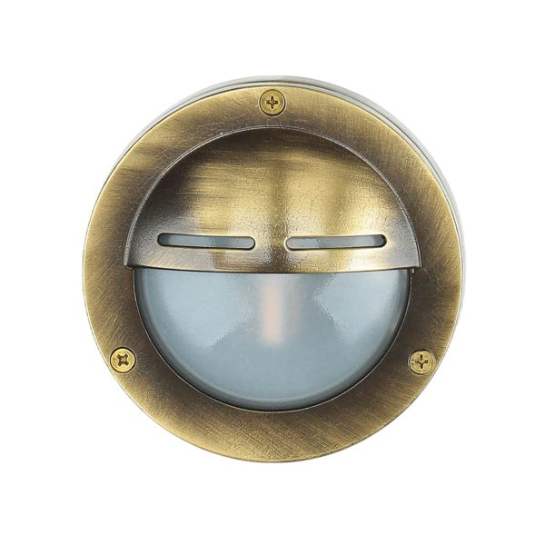 Runde LED Wandeinbauleuchte in Messing Optik mit satiniertem Diffusor für den Außenbereich