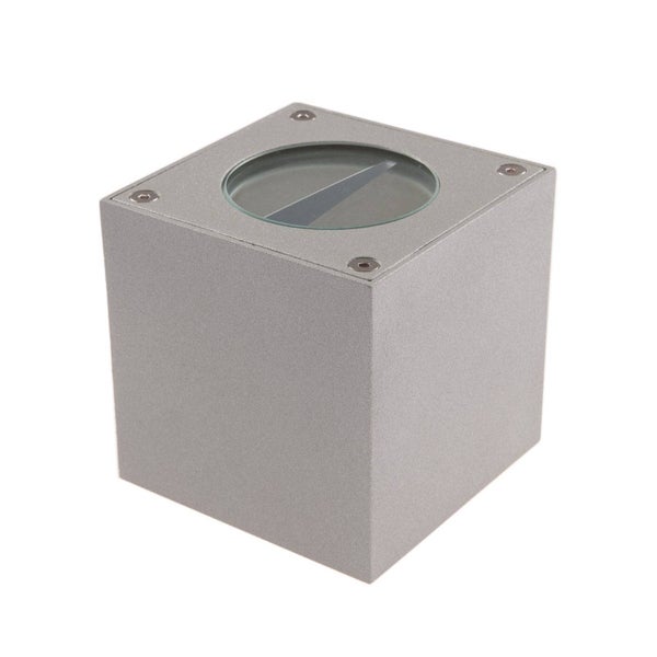 Quadratische Außenleuchte aus grauem Metall mit kreisförmigem Glaseinsatz.