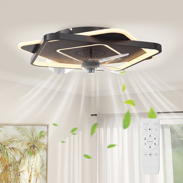 Moderne Deckenleuchte mit Ventilator, schwarzes quadratisches Design mit LED Beleuchtung und leisem Kupfer Gleichstrommotor.
