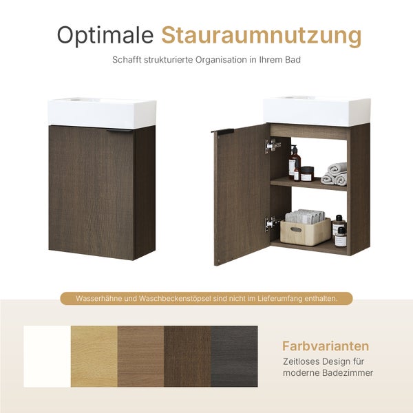EMKE Waschbecken mit Unterschrank 417×240×646 mm, Badmöbel-Set mit Soft-Close, Türgriff, 2-fach verstellbarem Einlegeboden, Wandmontage, beidseitig montierbar, Räuchereiche