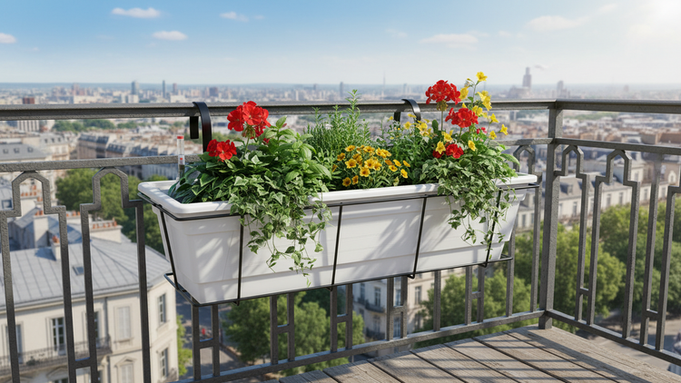 Weißer Balkonkasten mit Blumen und Kräutern, befestigt an einem Metallgeländer mit schwarzer Halterung, Stadtansicht im Hintergrund.