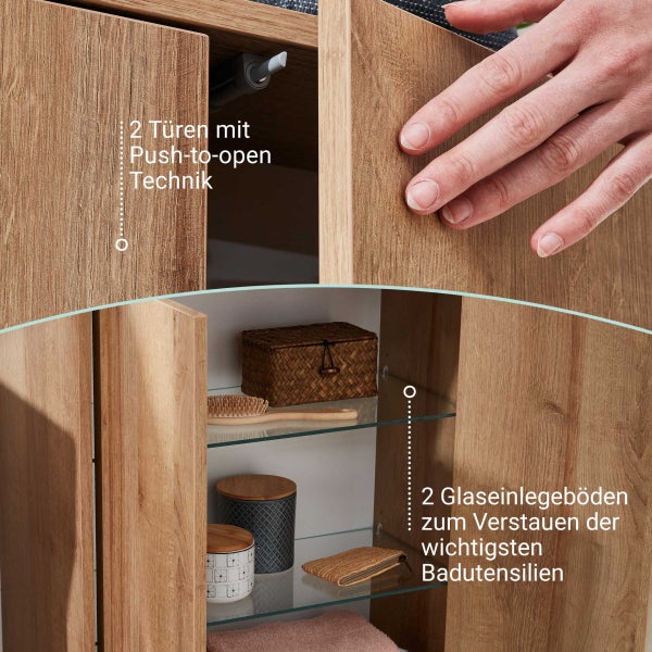 FACKELMANN FINN Badmöbel Set 2 Teile / Doppel-Midischrank mit Push-to-Open fürs Bad / 4 Holzfüße / Badschrank mit 2 Türen / Korpus & Front: Braun hell / Rahmendekor & Füße: Braun hell / Breite: 60 cm