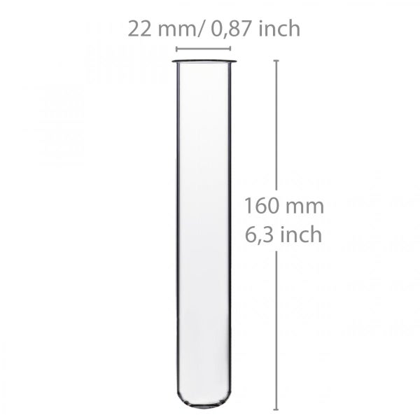 Transparentes Reagenzglas aus Glas mit einem Durchmesser von 22 Millimetern und einer Länge von 160 Millimetern.