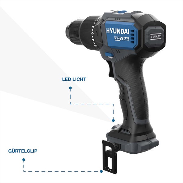 Hyundai Akku Bohrschrauber 20 Volt Max mit Brushless Motor, integriertem LED Licht und Gürtelclip.