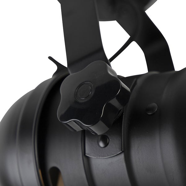 Detailansicht einer schwarzen Scheinwerferlampe mit Drehknopf zur Justierung