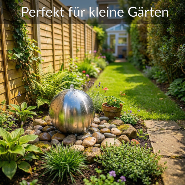 Edelstahl-Kugelbrunnen auf einem Steinbett in einem schmalen Garten mit Pflanzen und Holzzaun, perfekt für kleine Gärten.