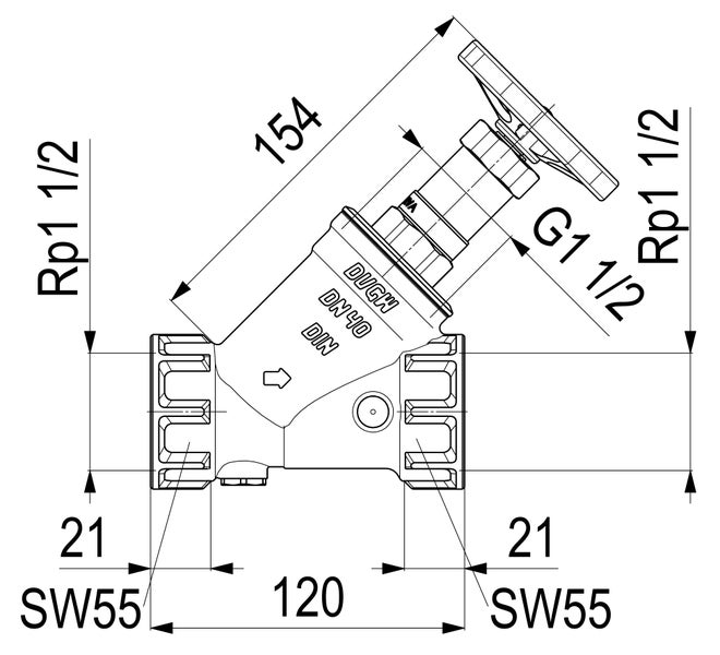 Technische Zeichnung eines Schrägsitzventils mit Maßen, Nennweite 40 und Anschlussgewinde 1 1/2 Zoll.