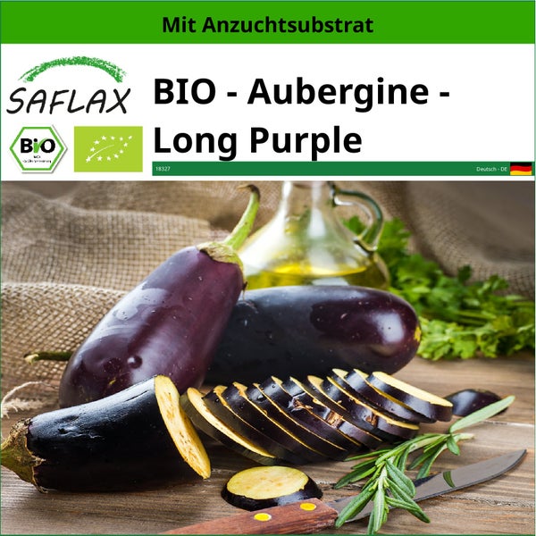 SAFLAX  - BIO - Aubergine - Long Purple - Solanum melongena - 20 Samen - Mit keimfreiem Anzuchtsubstrat