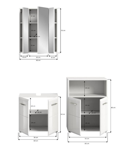 Abmessungen für ein dreiteiliges Badmöbelset bestehend aus Spiegelschrank, Waschbeckenunterschrank und Midischrank in Zentimeter.