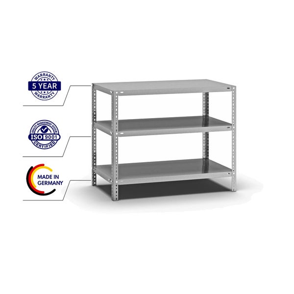 PROREGAL Fachbodenregal Schraubsystem Light-Duty Grundregal HxBxT 80 x 100 x 50 cm 3 Ebenen Fachlast 125 kg Beidseitig Nutzbar Verzinkt