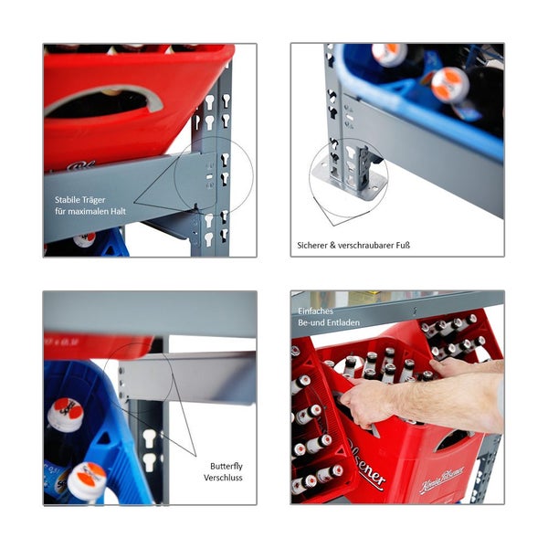 PROREGAL Getränkekistenregal Getränkeregal Tegernsee XL HxBxT 110 x 110 x 30 cm 6 Kästen + Board Grau