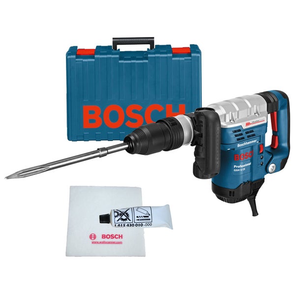 Bosch Schlaghammer GSH 5 CE Professional Set mit Meißel, Transportkoffer, Fett und Reinigungstuch. Mit Vibrationsdämpfung. Bosch Logo.