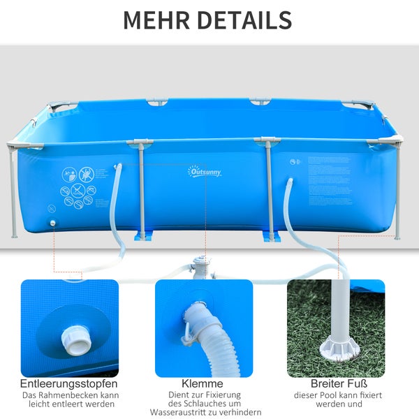 Outsunny Rahmenpool mit Schlauch, 292 x 190 x 75 cm, PVC+Stahl, Blau