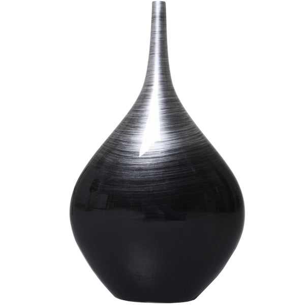 Tropfenförmige Vase mit silber-schwarzem Farbverlauf und gebürsteter Oberflächenstruktur.