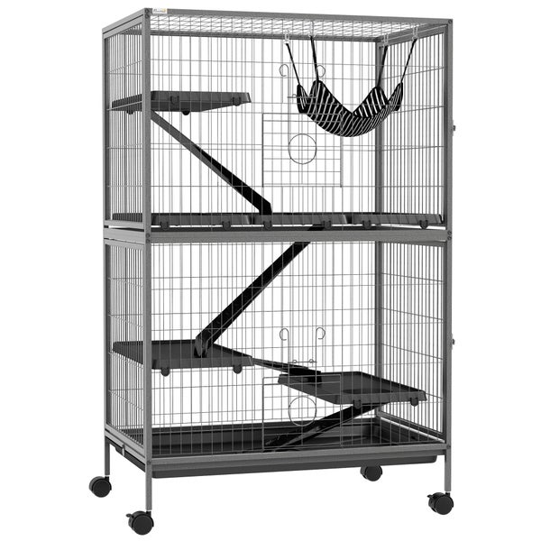 PawHut Kleintierkäfig, Frettchenkäfig Nagerkäfig mit ausziehbarem Tablett Käfig mit Hängematte, Rampen, Rollen für Eichhörnchen, Zwerghamster, Chinchilla Grau