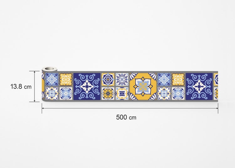 Tapetenbordüre mit mediterranem Fliesenmuster, Höhe 13,8 Zentimeter und Länge 500 Zentimeter.