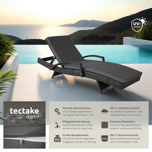 Rattan Sonnenliege tectake Océane 190 x 71 x 34 – 74,5 cm mit Aluminiumgestell schwarz