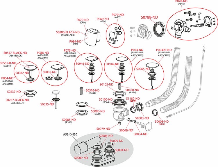 Explosionszeichnung von Ersatzteilen für eine Badewannen-Ab- und Überlaufgarnitur mit beschrifteten Komponenten.