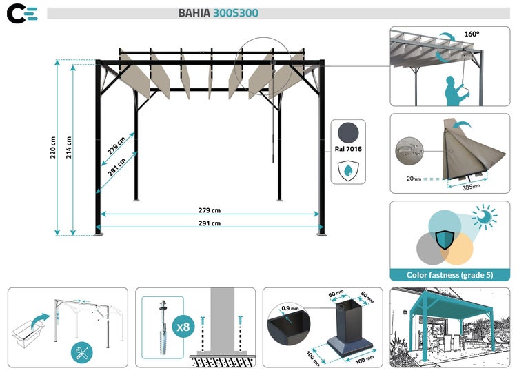 Pergola Lamellendach BAHIA 291 x 291 x 220 cm Beige, inkl. Lamellendach zum Öffnen, Freistehend