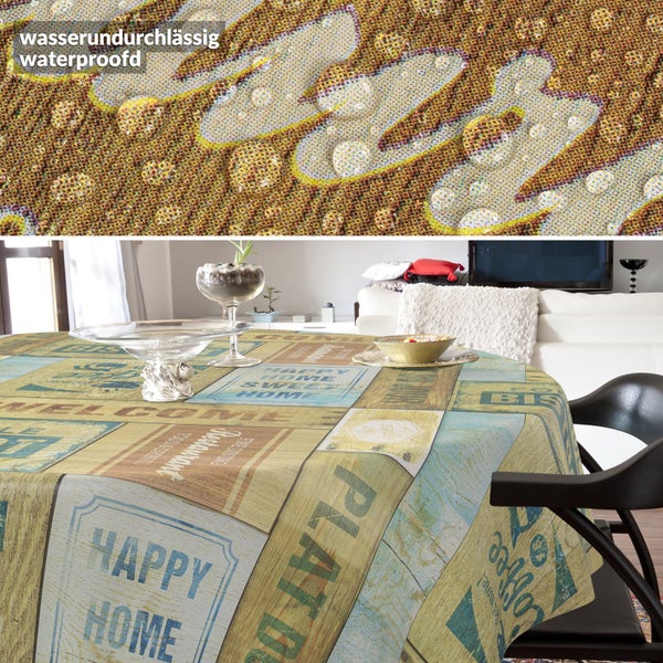 Runde Tischdecke im Vintage-Design mit Holzoptik und Schriftzügen, wasserabweisendes Material mit Detailansicht von Wassertropfen.