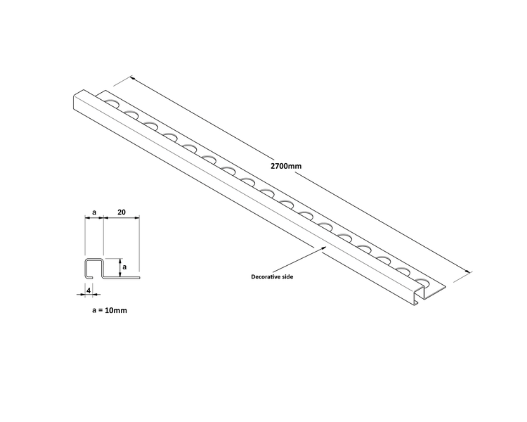 Profilschiene mit den Maßen 2700 mm Länge, 20 mm Breite und 10 mm Höhe