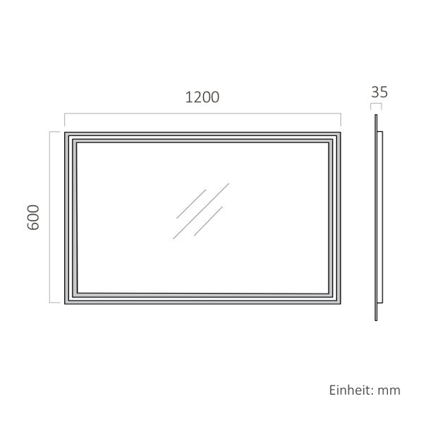 Maßzeichnung eines rechteckigen Spiegels: Breite 1200 Millimeter, Höhe 600 Millimeter, Tiefe 35 Millimeter.