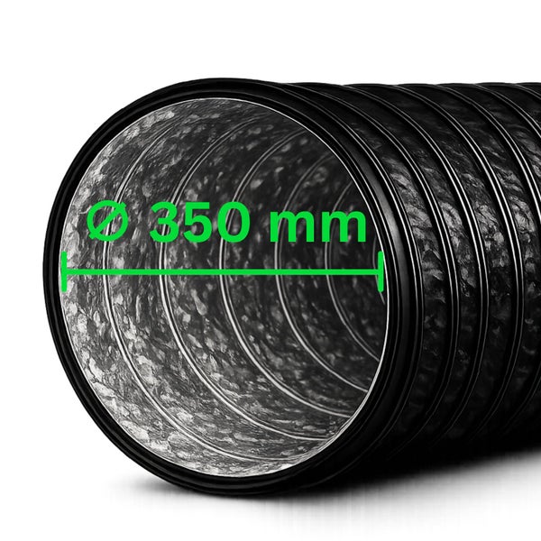 Flexibler, isolierter Lüftungsschlauch mit einem Durchmesser von 350 Millimeter.