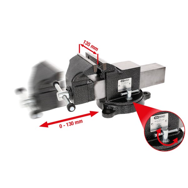 Schraubstock mit einer Backenbreite von 135 Millimetern und einer Spannweite von 0 bis 130 Millimetern
