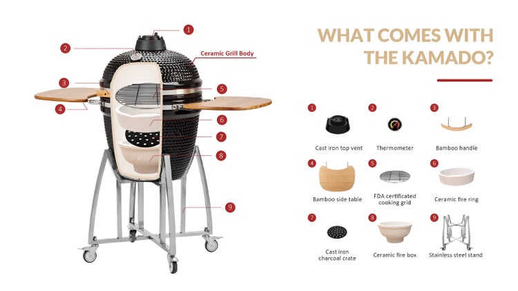 Kamado Grill mit Keramik Grillkörper, Thermometer, Bambusgriffen, Bambus Seitentisch, gusseisernem Holzkohlekorb und Edelstahluntergestell