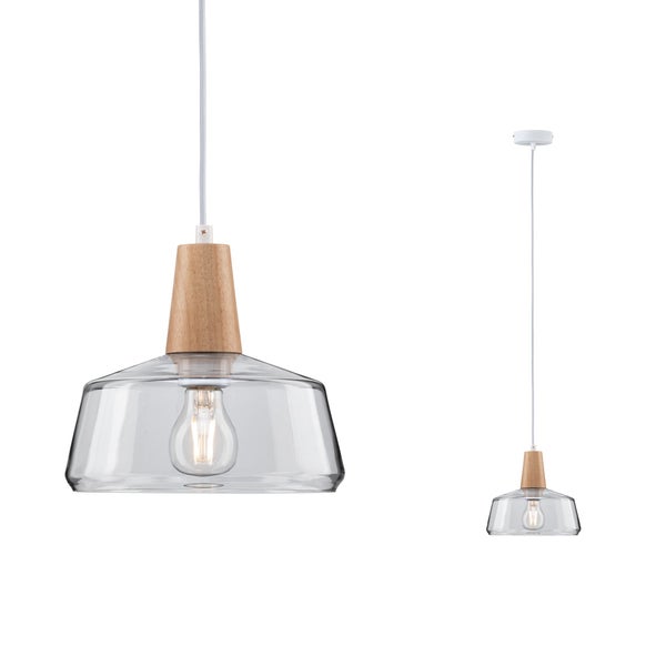 Neordic Pendelleuchte Yva E27 max. 20W Holz, Klar dimmbar Holz, Glas