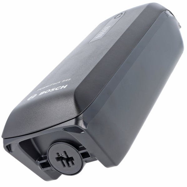 Bosch PowerPack 545 Akku für Elektrofahrräder, schwarz, Bosch Logo, mit Ladestandsanzeige und Anschlussbuchse.