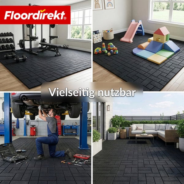 Anwendungsbeispiele für Bodenschutzmatten von Floordirekt in Garage, Fitnessstudio, Spielzimmer und Terrasse. Floordirekt Logo.