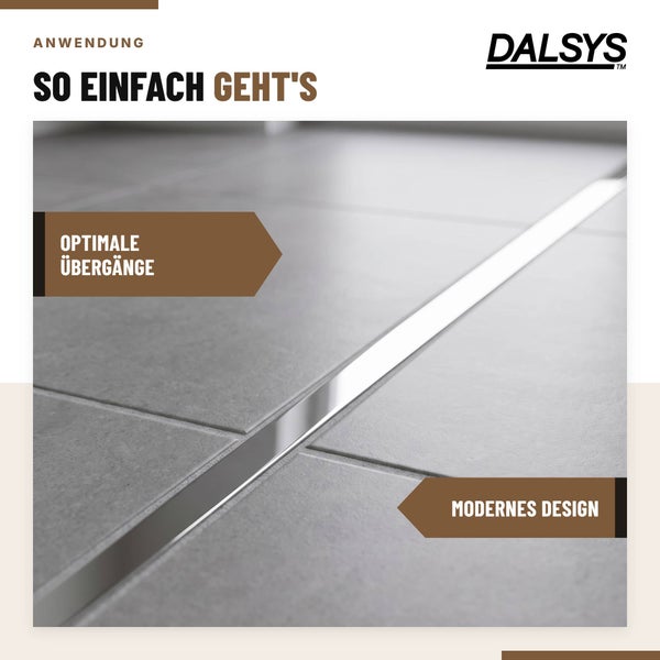 Dalsys Logo mit Anwendungshinweis fur Fliesenschiene als Ubergangsprofil zwischen Fliesen.