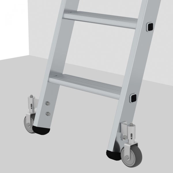 Detailansicht einer Aluminiumleiter mit Rollen