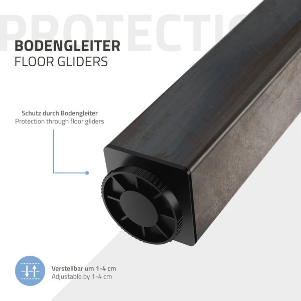 Verstellbarer Bodengleiter für quadratische Möbelbeine aus Metall, höhenverstellbar um ein bis vier Zentimeter zum Schutz des Bodens.