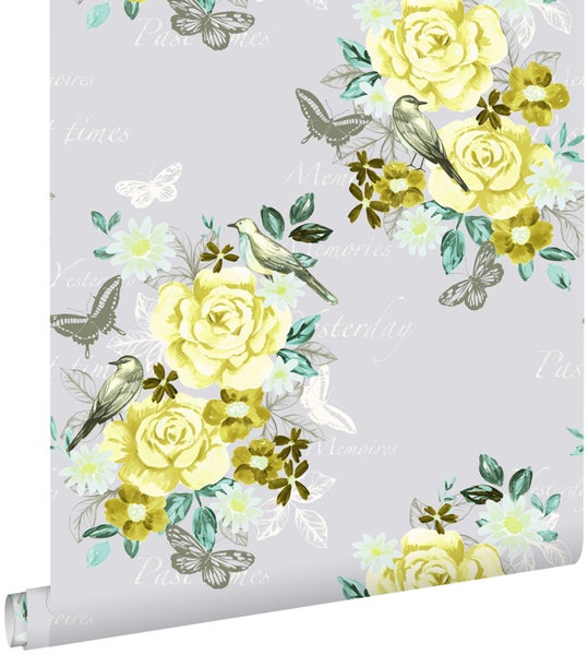 Tapetenrolle mit Blumen-, Schmetterlings- und Vogelmuster
