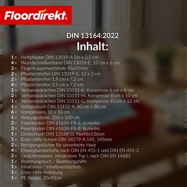 Floordirekt Logo und Inhaltsliste für einen Erste-Hilfe-Kasten nach DIN 13164:2022 mit Verbandmaterial, Pflastern und Rettungsausrüstung.