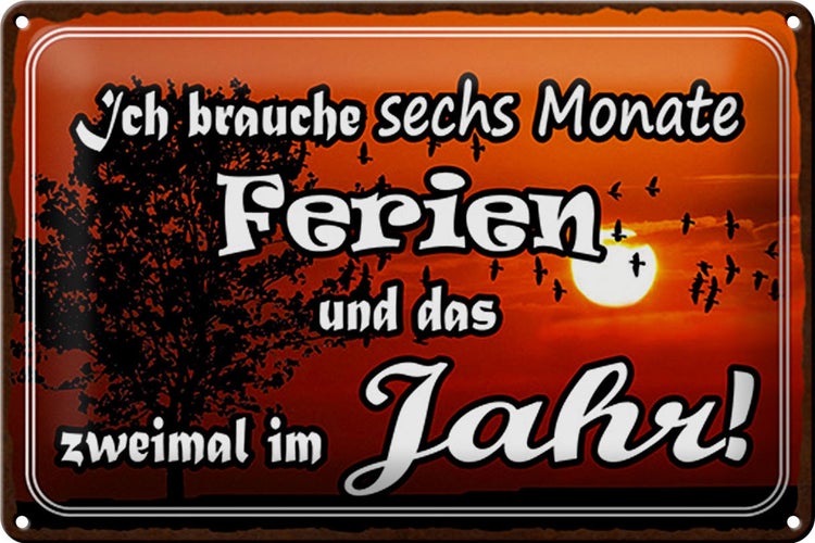 Blechschild Spruch 30x20cm brauche 6 Monate Ferien 2 Mal