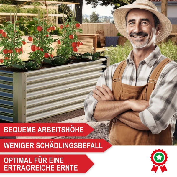 Hochbeet aus verzinktem Wellblech bepflanzt mit Tomaten und inklusive Gartenhandschuhen.