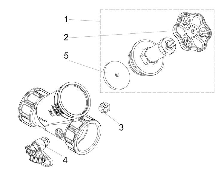 Explosionszeichnung eines Ventils mit nummerierten Einzelteilen zur Darstellung der Komponenten wie Handrad und Ventilgehäuse.
