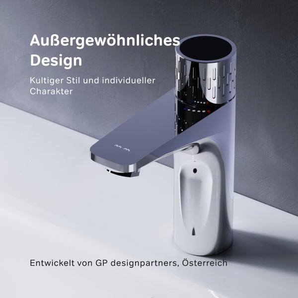 Moderne Waschtischarmatur mit AM PM Logo und drehbarem Bedienelement in glänzender Ausführung für das Badezimmer.