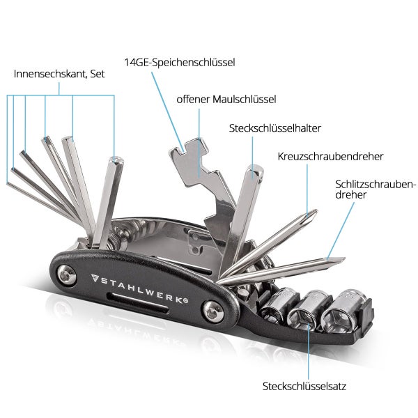 Stahlwerk Multitool mit Innensechskant Set, Speichenschlüssel, Maulschlüssel, Kreuzschraubendreher, Schlitzschraubendreher und Steckschlüsselsatz.