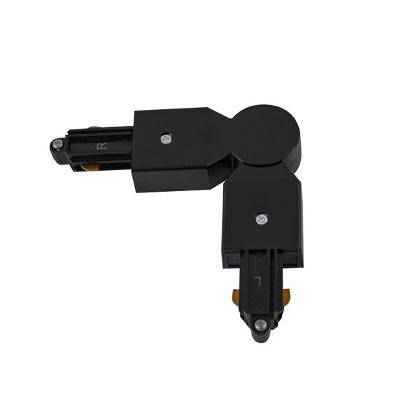 Schwarzer 90 Grad L-Verbinder aus Kunststoff für Stromschienensysteme.