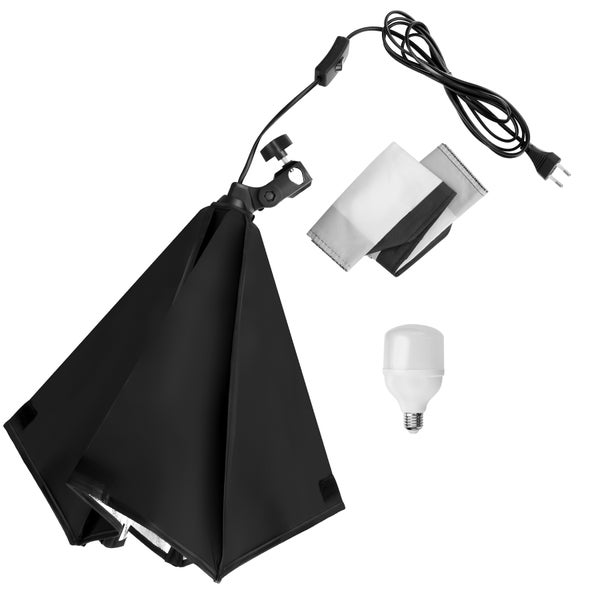 Softbox Fotostudio-Set mit schwarzer Faltbox, LED-Leuchtmittel, Netzkabel mit Schalter und Diffusortuch.