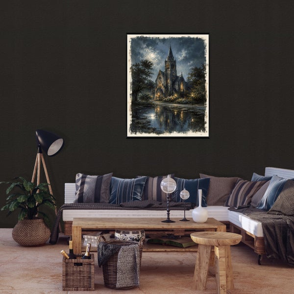 Wohnzimmer mit Ecksofa, Holztisch, Stehlampe und einem gerahmten Wandbild einer Kirche bei Nacht.