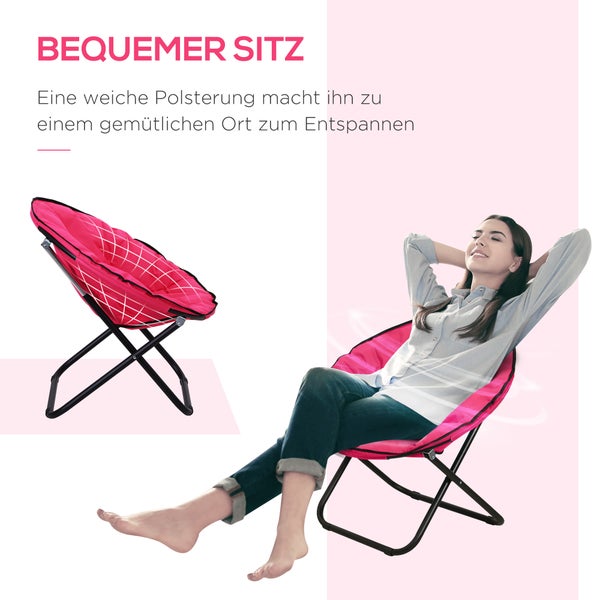 Outsunny Campingstuhl Faltbar Campingsessel mit Lehne, Klappstuhl bis 120kg, gepolstert Moonchair Extra Breit, Faltsessel Outdoor Stuhl für Garten, Balkon, Camping, Rosa